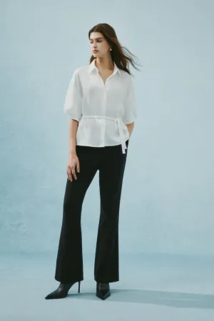 Pleated Satin Puff Sleeve Shirt Collar Blouse