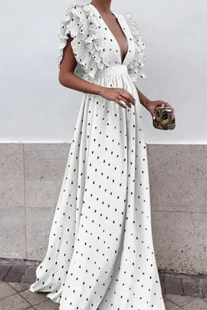Polkdot Long Ruffles High Waist Party Dress