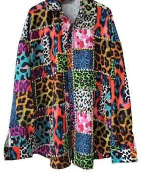 Pre Order:  Embroidery Bead Plaid Leopard Loose Blouse