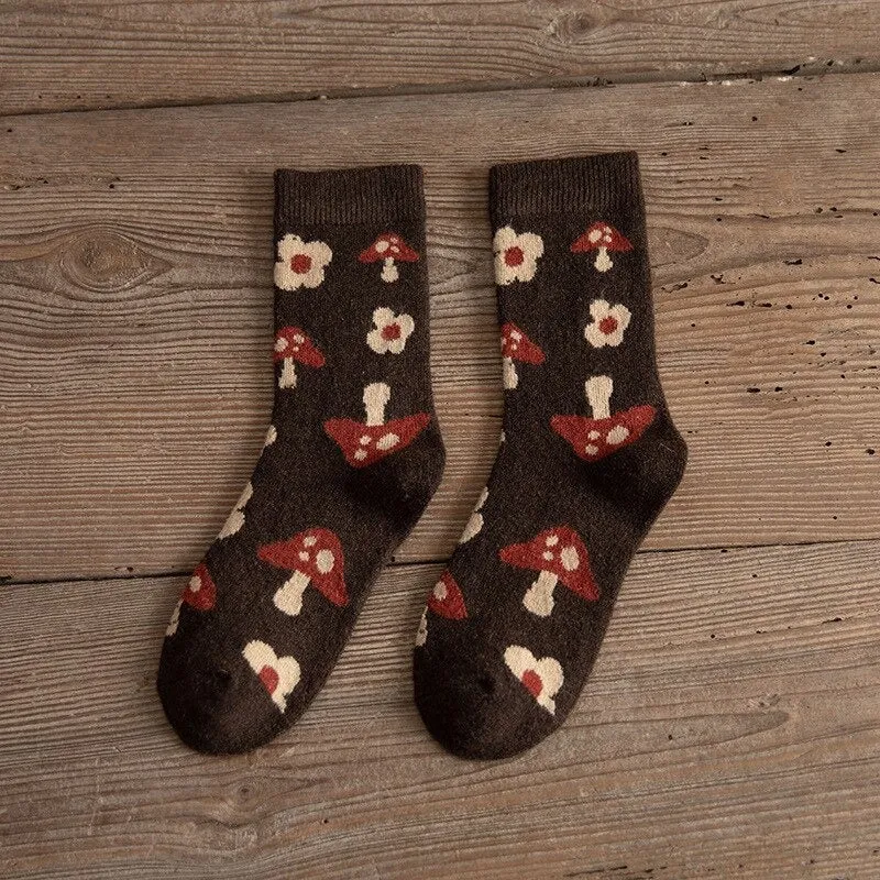 Preppy Style Warm Wool Winter Checkered Mushroom Socks
