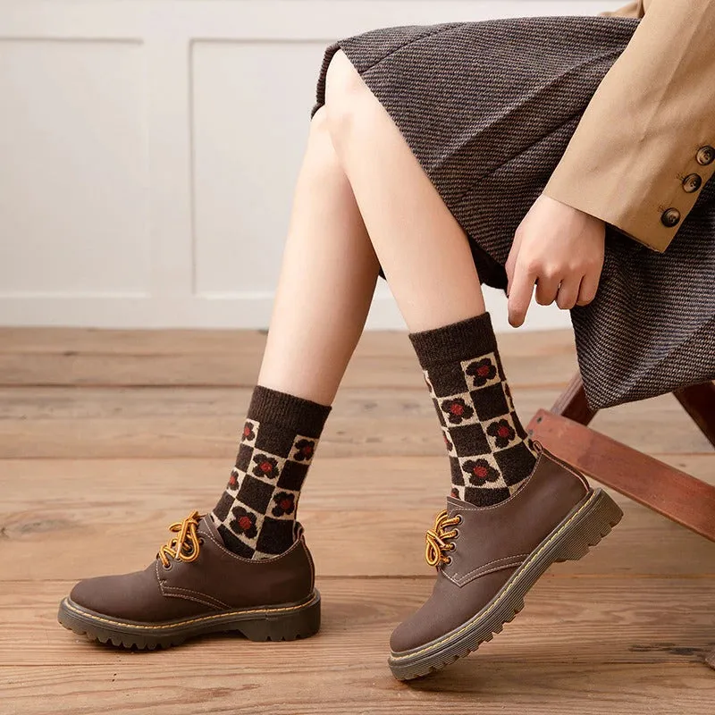 Preppy Style Warm Wool Winter Checkered Mushroom Socks