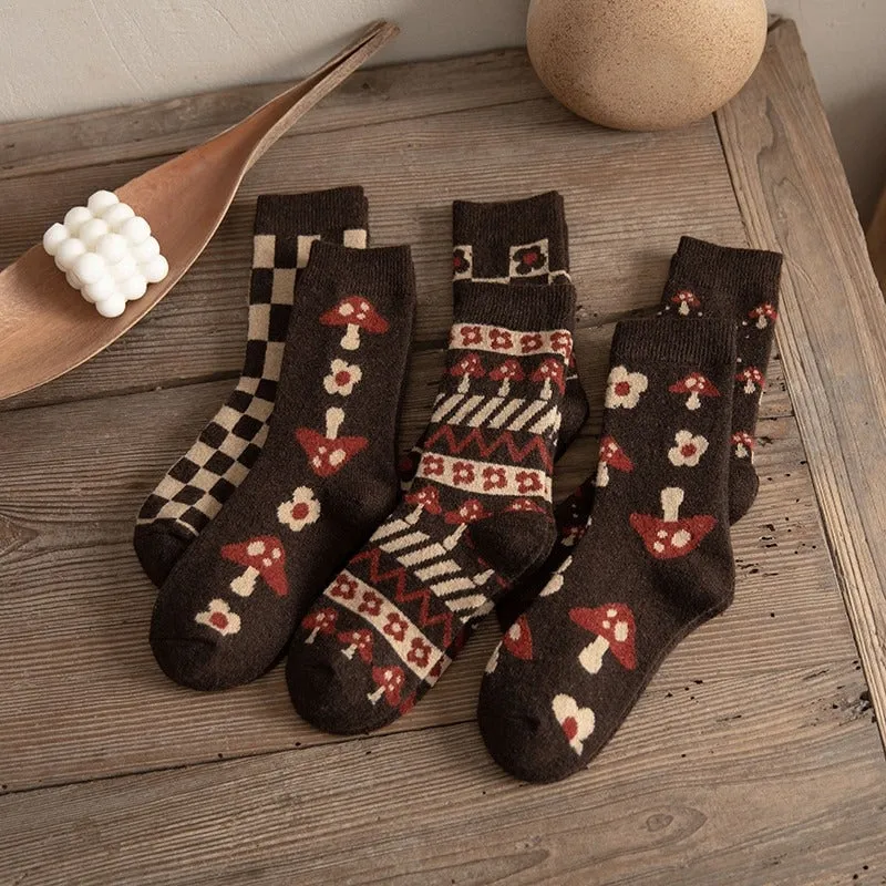Preppy Style Warm Wool Winter Checkered Mushroom Socks