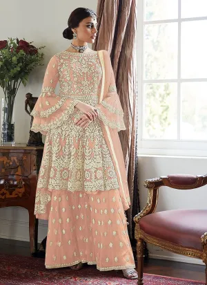 Pretty Peach Trendy Bell Sleeved Embroidered Sharara