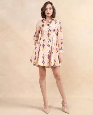 Rareism Women Bolviana Light Multi Cuffed Sleeve Collared Neck Button Closure Flared Knee Length Geometric Print Dress
