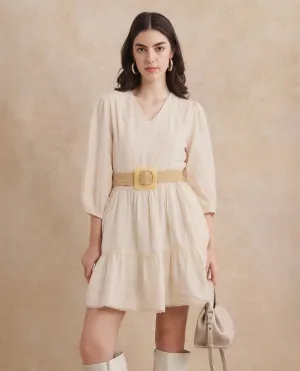Rareism Women Dinklage Beige Bishop Sleeves V-Neck Zipper Closure Fit And Flare Mini Plain Dress