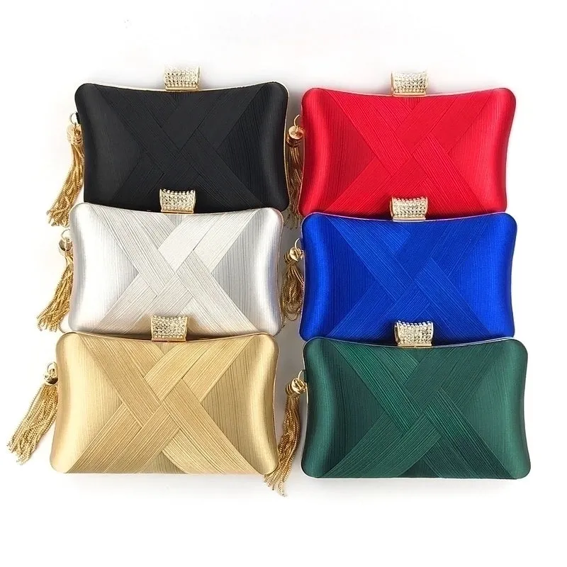 Red Blue Black Satin Silk Solid Color Tassel Square Evening Bags