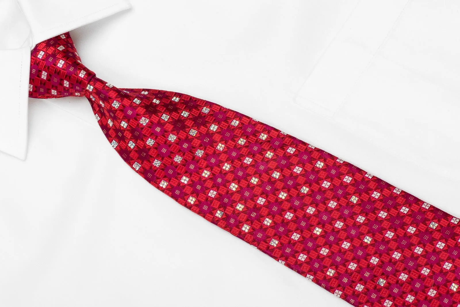 Renoma Men's Crystal Necktie Red Geometric On Purple With Silver Sparkles