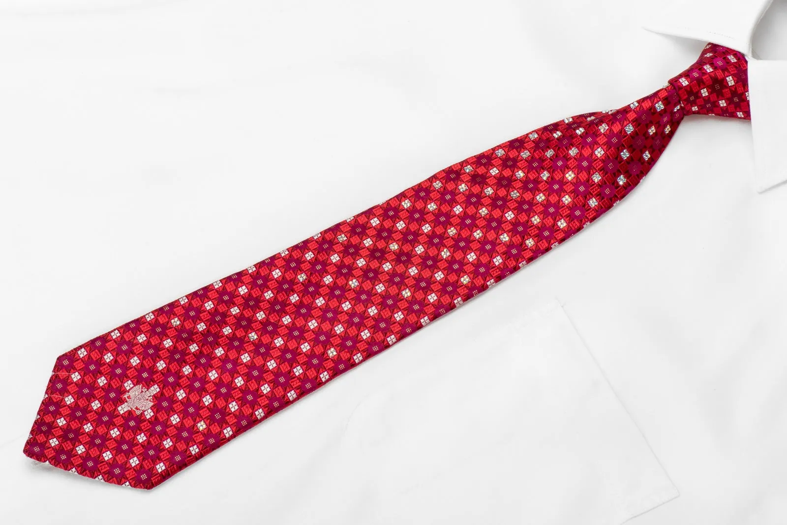 Renoma Men's Crystal Necktie Red Geometric On Purple With Silver Sparkles