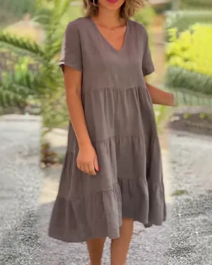 ROBERTA™ | COTTON AND LINEN V-NECK SWING LOOSE DRESS