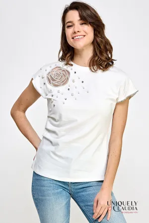 Rose & Pearls Embellished Tee