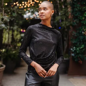 Shimmer Embellished - High Boat Neck Side Draped Top - Black - Final Sale!