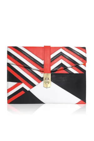SPORTS LUXE ENVELOPE CLUTCH RED/BLACK/WHITE LEATHER APPLIQUE
