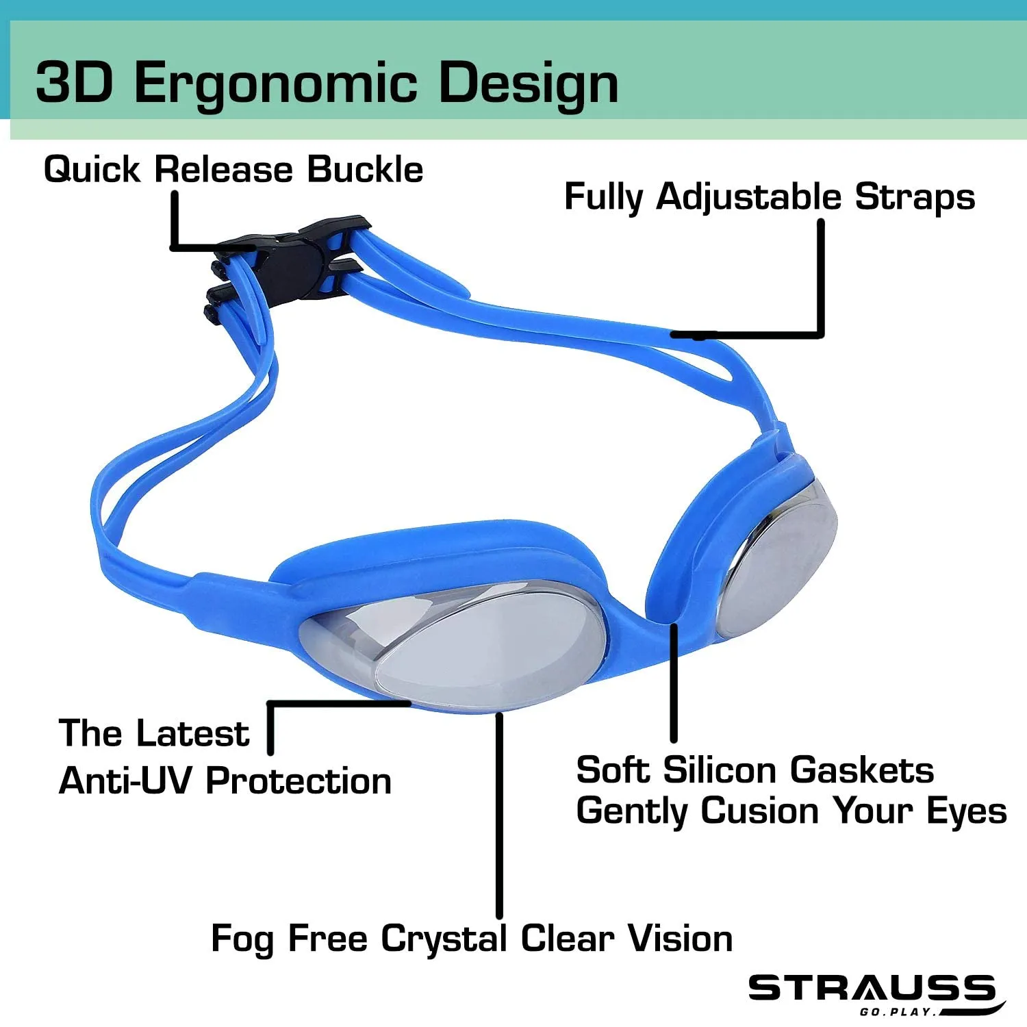 Strauss Swimming Goggles Set, (Blue), (Pack of 2)