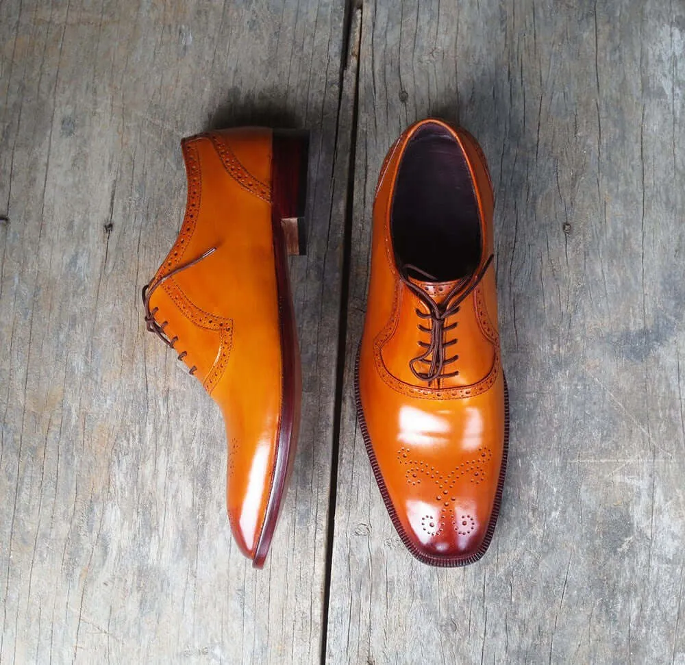 Stylish Men's Handmade Tan Color Brogue Leather Lace Up Dress Shoes