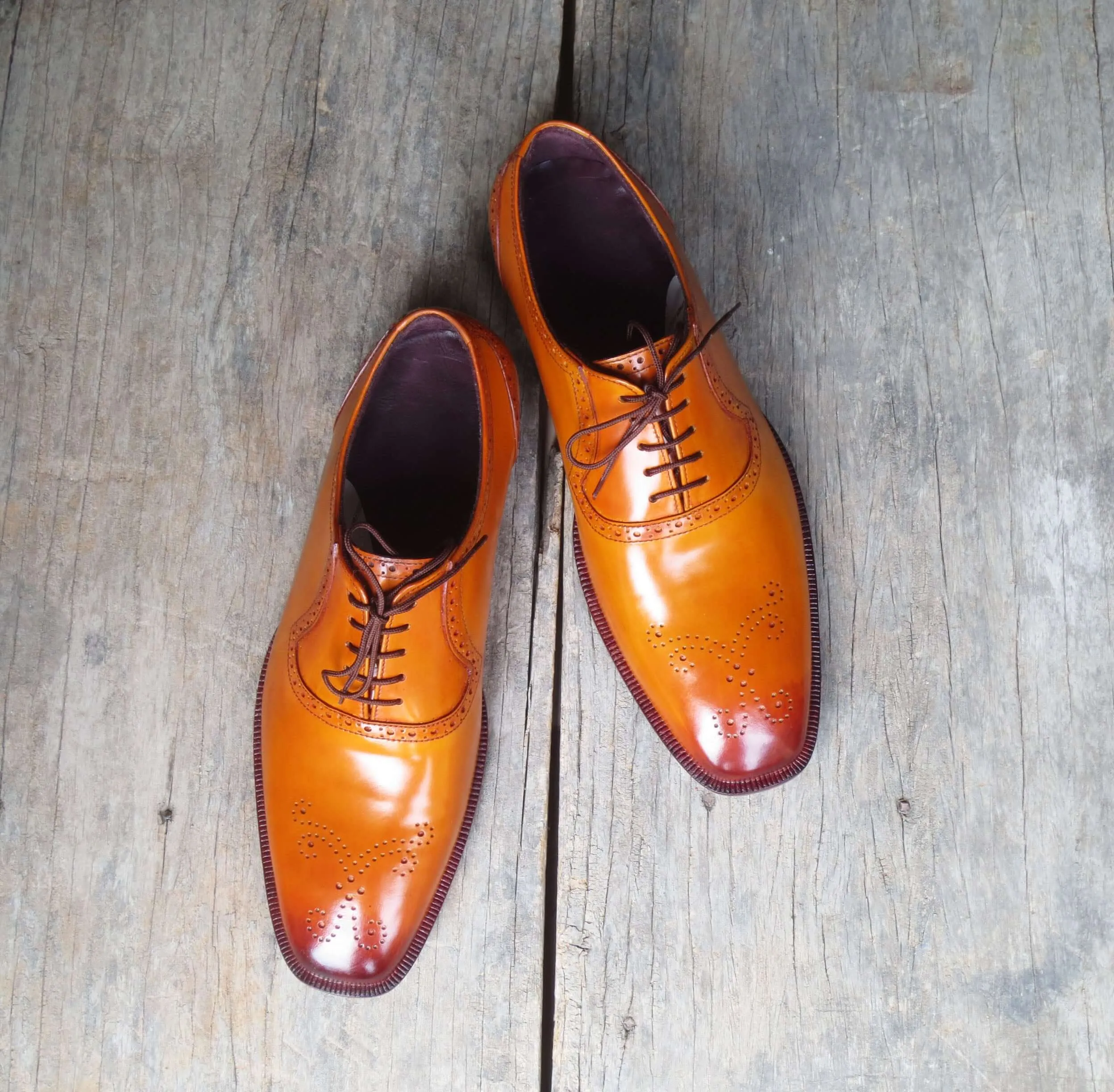 Stylish Men's Handmade Tan Color Brogue Leather Lace Up Dress Shoes