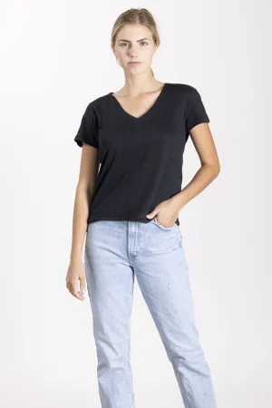 SWTR Short Sleeve Linen V-Neck Tee 922 | Black | Clearance Final Sale