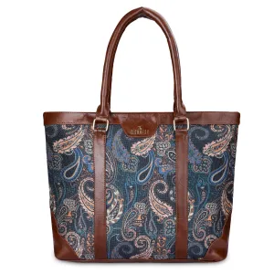 THE CLOWNFISH Miranda Series 15.6 inch Laptop Bag For Women Printed Handicraft Fabric & Faux Leather Office Bag Briefcase Hand Messenger bag Tote Shoulder Bag (Marine Blue)
