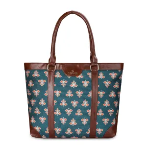 THE CLOWNFISH Miranda Series 15.6 inch Laptop Bag For Women Printed Handicraft Fabric & Faux Leather Office Bag Briefcase Hand Messenger bag Tote Shoulder Bag (Persian Green)