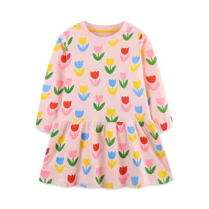 Toddler/Kid Girl's Long Sleeve Colorful Flowers Print Design Dress