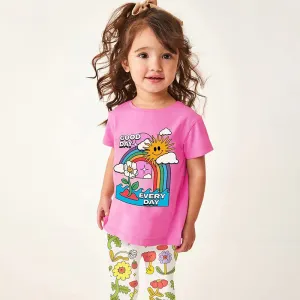 Toddler/Kid Girl's Pink Rainbow T-shirt with Floral Design Leggings Set