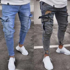 Trendy knee ripped zipper pencil denim trousers