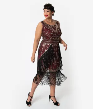 Unique Vintage Plus Size Burgundy & Gold Beaded Ambroise Flapper Dress
