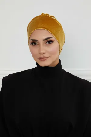 Velvet Pre-Tied Turban Bonnet Cap with Rose Figure at the Back Side, Velvet Instant Turban Bonnet for Winter, Velvet Chemo Headwear,B-53K