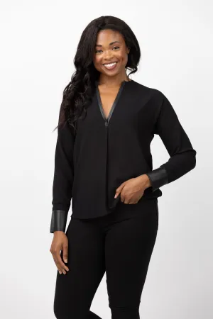 Vince Leather Trim Dolman Sleeve Blouse in Black