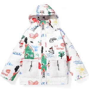 White Cartoon Graffiti Patchwork Pocket Padded Coat