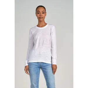 White Linen Crew Neck Top with Long Sleeves