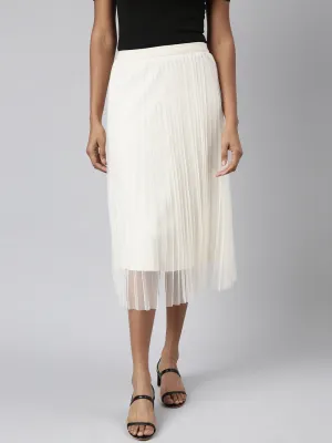Women Tiered Midi Cream Solid Skirt