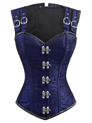 Women's Gothic Steampunk Steel Boned Waist Cincher Blue Overbust Corset Vest