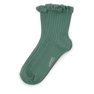 Women's Lace Trim Ribbed Ankle Socks - jade