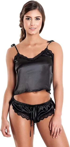 Women's Sexy Lingerie Shiny Satin Lace Sleepwear Set