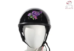 Womens Shiny Black DOT Approved Motorcycle Helmet W/ Purple Rose Design