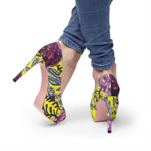 Yellow Floral Heels, Purple French Vintage-Style Rose Flower Women's 4" Platform Heels