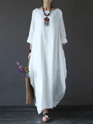 ZANZEA Women Plus Size Cotton Linen Solid Baggy Pockets Summer Maxi Dress
